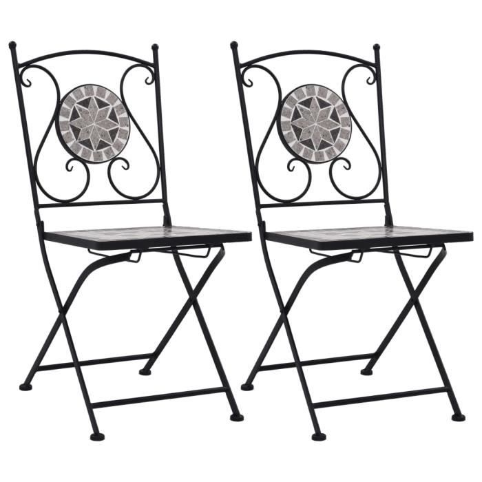 chaises de bistrot - - mosaïque - gris - cadre en fer laqué - siège en céramique