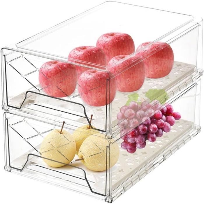 elabo Boîtes de rangement pour aliments pour réfrigérateur - Organiseur de réfrigérateur empilable avec couvercles et plateau de drainage amovible pour légumes, baies et fruits, 1 taille M et 1 grande