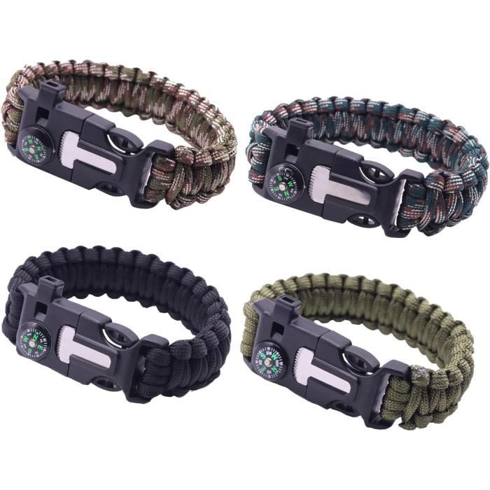 Bracelet de Survie Bracelet de Survie Multifonctionnel pour Lextérieur 5 en 1 Bracelet de Survie Paracorde Boussole 4PCS