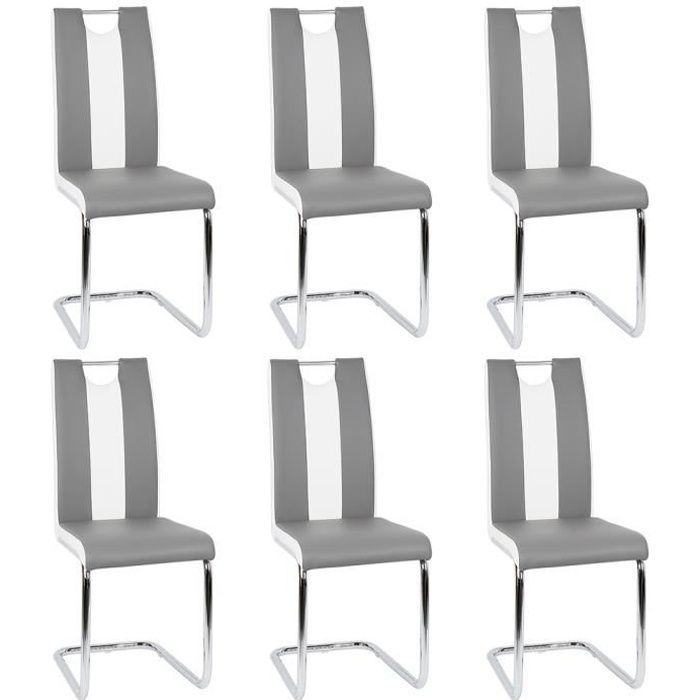 AG Lot de 6 Chaises de salle à manger - En simili gris et blanc - L 39 5 x P 48 cm AG Lot de 6 Chaises de salle à manger - En simili gris et blanc - L 39 5 x P 48 cm