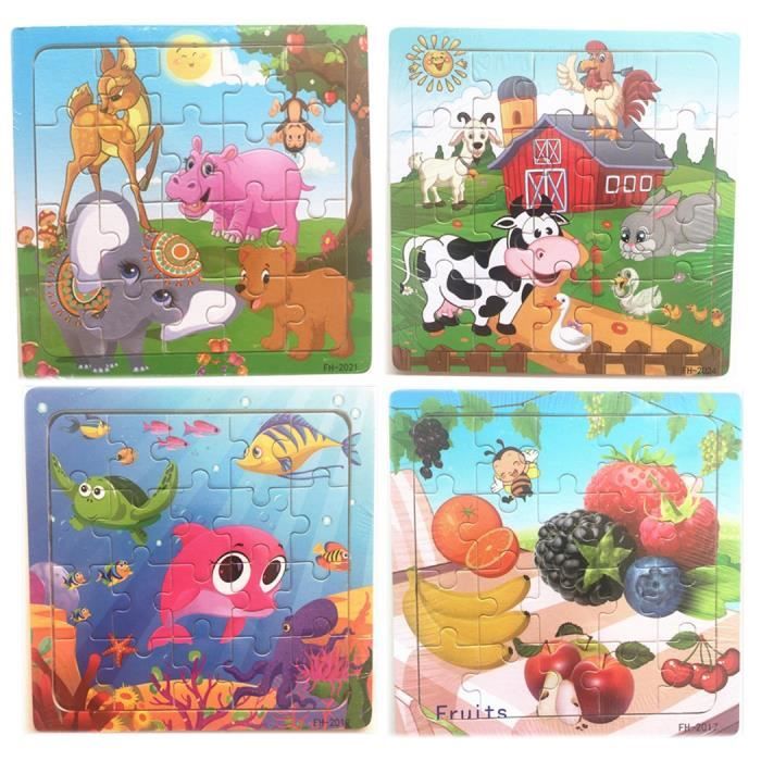 Hillento Puzzles en Bois Blocs de Construction intellectuelle /éducation pr/écoce Jouets Puzzle Enfant en Bois 3D Animal st/ér/éo Lot de 4 Crocodile, Poisson Rouge, Grenouille, Chien