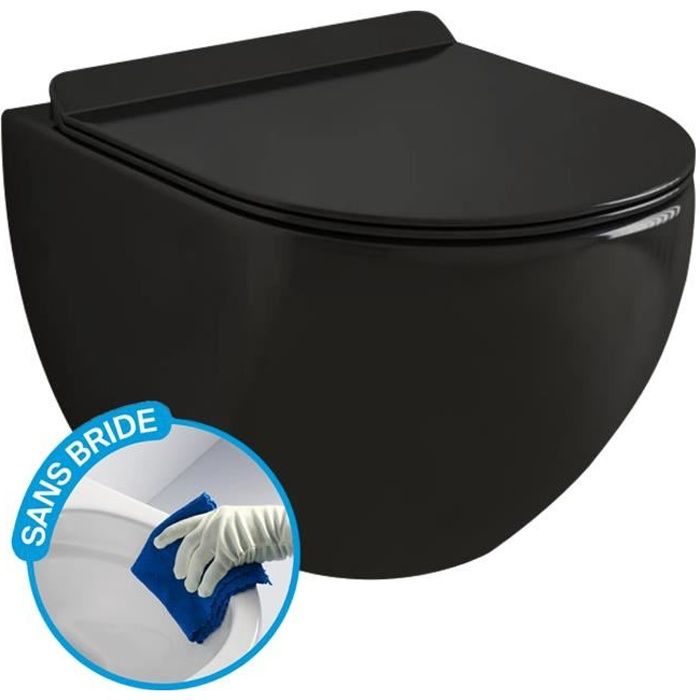 CONFORT - WC noir suspendu sans bride avec fixations invisibles + abattant  ultra fin déclipsable + frein de chute - Cdiscount Bricolage