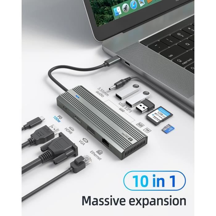 WAVLINK Dock Station, 10 En 1 Dual 4K HDMI Docking Station USB C Con 100W PD, Gigabit Ethernet