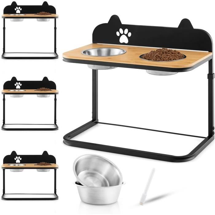 Meilleurs prix pour GYMAX Gamelle Chien Surélevée avec 2 Bols en Acier Inoxydable, 1400 ML, Support en Bambou à 3 Hauteur Réglable pour Chiens