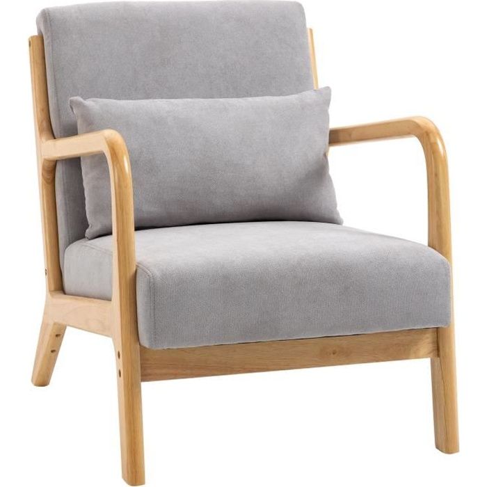 fauteuil lounge - homcom - 61x71x76cm - gris - structure bois hévéa - aspect velours