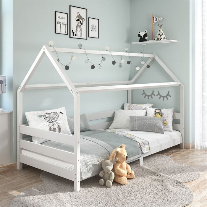 Lit cabane FINA 90 x 190 cm, en pin massif lasur&eacute; blanc