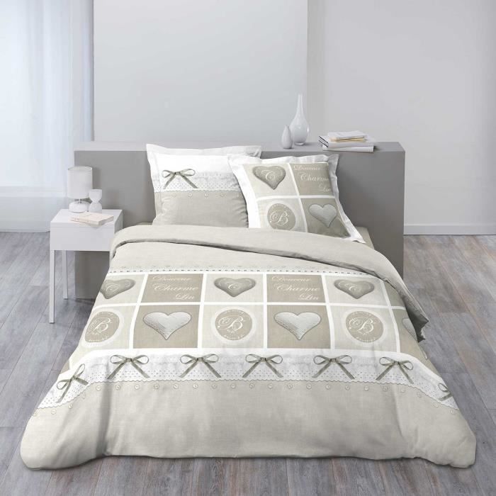 Housse de couette 220x240 Light Love 100% coton 57 fils Gris, Beige