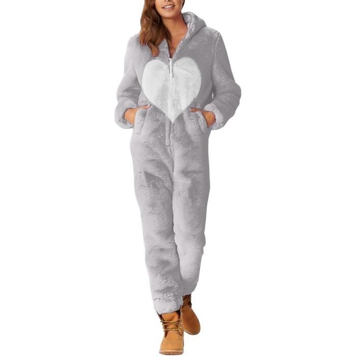 Pyjama Une Piece en Polaire pour Femme Pyjama Chaud Et Doux Vetement De Nuit en Peluche Hiver Femme Polaire Combinaison Gris