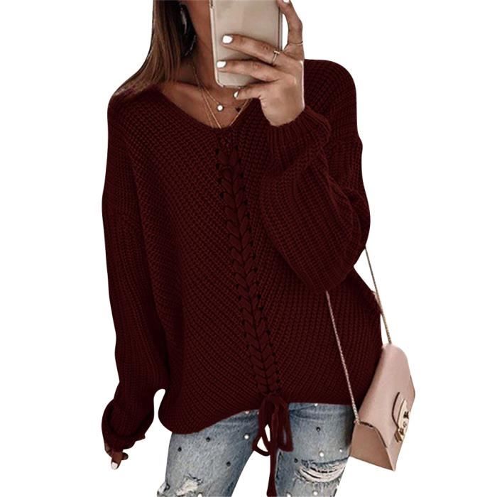 Femme Hiver Pull A La Mode Chaud Col V en Tricot Chandail a Manches Longues Sexy Solide Chandail Blouse Vin Rouge Vin rouge Cdiscount Pret a Porter