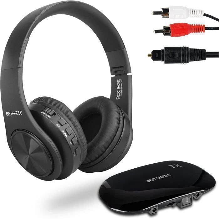 Retekess TA005 Casque TV sans Fil Casque Audio Rechargeable Stéréo AUX et RCA Entrée 10H Volume Elevé pour Personnes Agées