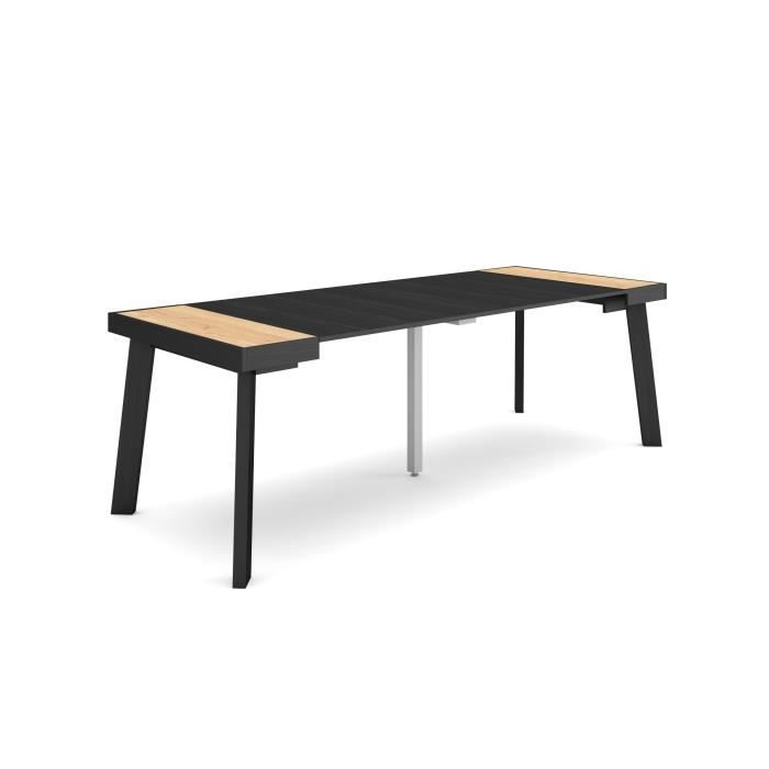 Table console extensible 222x90x73cm pour 10 personnes pieds en bois chêne et noir RF3080