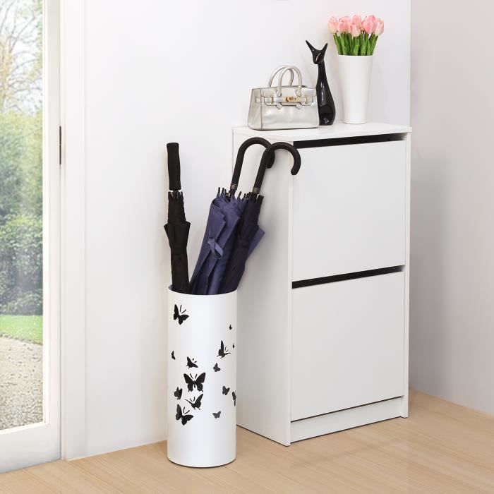 Porte-Parapluies Blanc Avec Récipient - Design Ajouré - 4 Crochets - Pour Entrée Ou Bureau