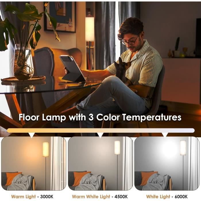 TONGLIN Lampadaire Sur Pied Salon 165cm LED 9W Télécommande - 3 Températures Couleur & Dimmable - Lampe Moderne Salon Chambre