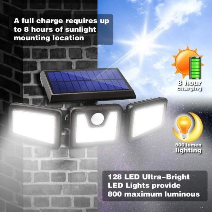 Projecteur Solaire Extérieur 3 Têtes Avec Détecteur De Mouvement - 138 LEDs, 1200 Lm - IP65 - 3 Modes - Pour Jardin, Allée, Garage - 9