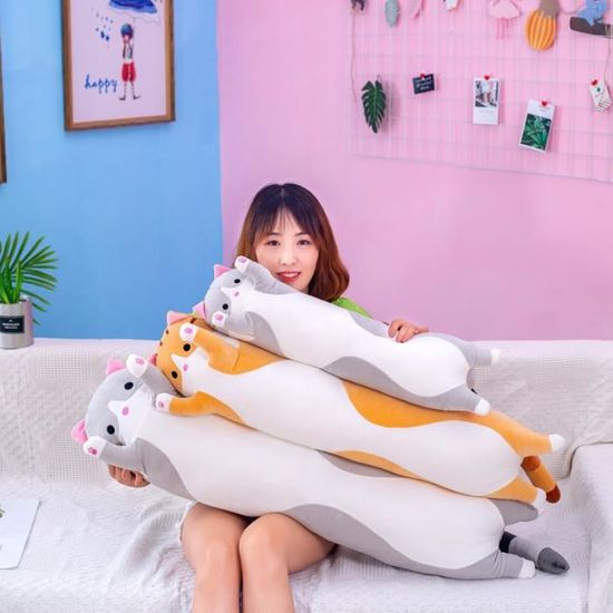 Oreiller long en peluche chat, doux et câlin - Grand oreiller thème chat - Pour anniversaire, Noël, fête enfants (jaun - Jaune 150cm - Jeux - Jouets