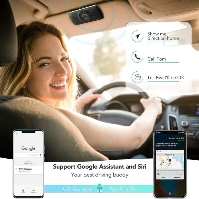 Kit Mains Libres pour Voiture Bluetooth 5.0, Haut-Parleur sans Fil Micro  Intégré Support du GPS, Musique, Réduction de Bruit,Supporte Siri/Google  Assistant, Connexion de 2 Téléphones Simultanément : : High-Tech