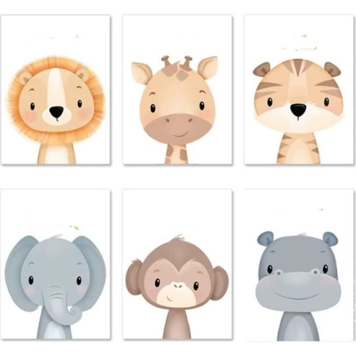 6 Affiches Animaux Jungle Youihom Pour Chambre Bébé - Safari A4 21x30cm - Éléphant, Girafe, Zèbre