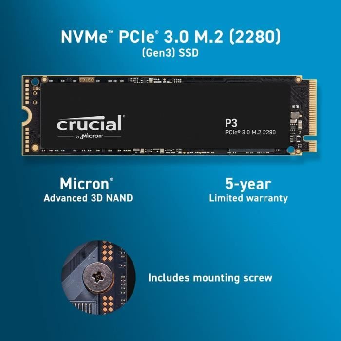 Crucial P3 1To M.2 PCIe Gen3 NVMe SSD interne - Jusqua 3500Mo/s - Cdiscount  Informatique