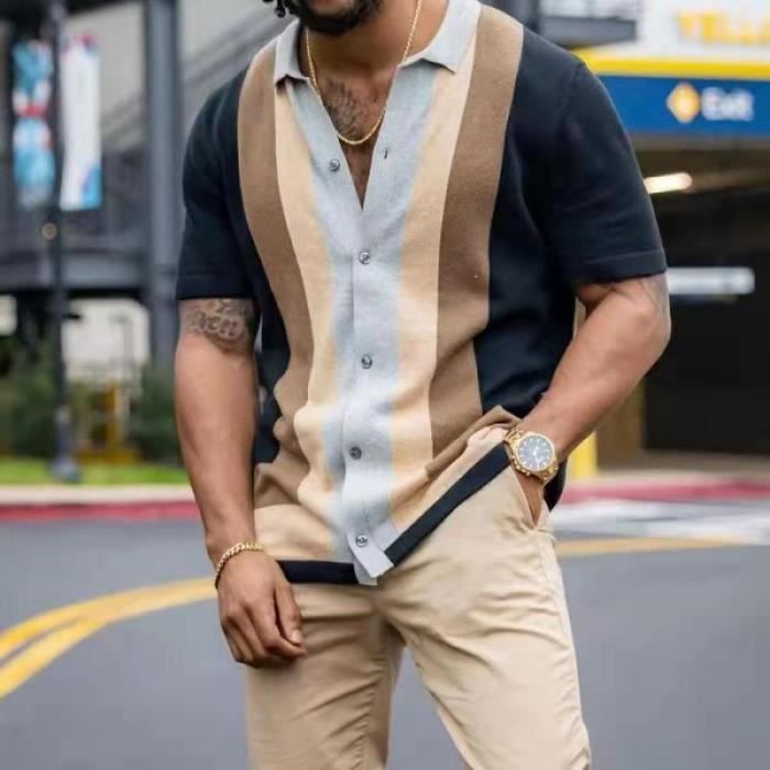 Gilet cardigan T shirt en coton a manches courtes pour homme haut a rayures imprime blanc chaud decontracte Chic B016 C47716 Blanc Cdiscount Pret a Porter