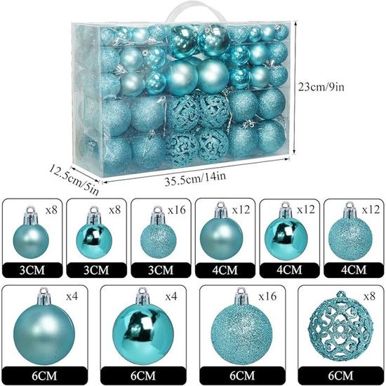Lot De 100 Boules De Noël Décoratives – 3 Tailles (3/4/6 Cm) – Couleurs Assorties Turquoise – Pour Sapin, Guirlande, Fenêtre