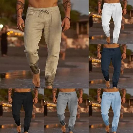 Pantalon Homme En Lin Léger – Cargo Chino Blanc, Taille Élastique, Poches, Idéal Été - 3