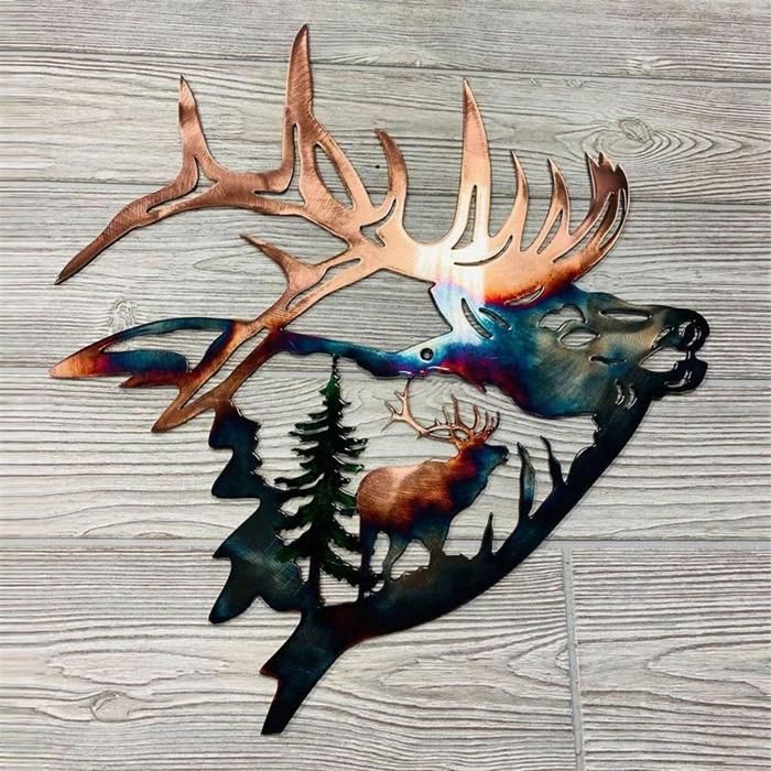 CREATCABIN Décoration Murale Métal Cerf Des Montagnes - Sculpture Murale Noire Moderne 30x20cm Pour Intérieur, Extérieur Et Ambiance Rustique Chasse