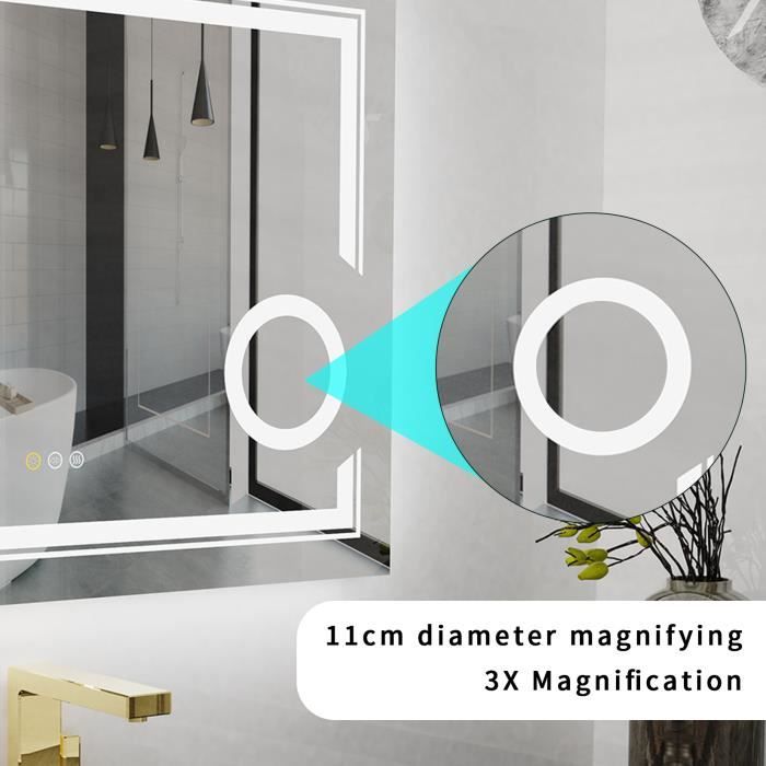 Miroir Salle De Bain éclairé LED Antibuée 80x60 Cm Forme Feuille - Réglable 3 Tons + Luminosité - Verre Grossissant 10x Antidéflagrant - 8