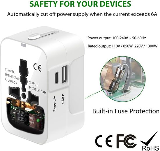 Adaptateur De Voyage Universel Avec USB-C Et USB-A - Compatible 220+ Pays - Fusible De Sécurité