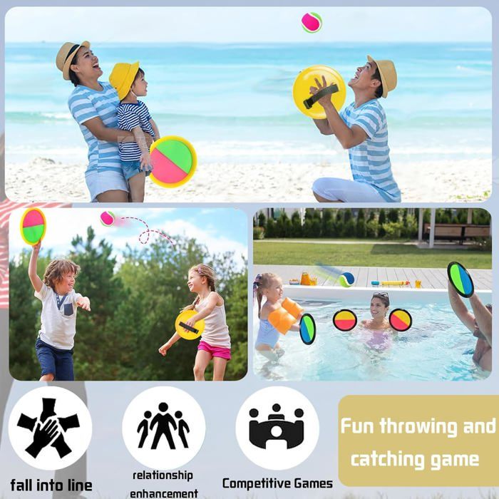Jeu De Balles Collantes Outdoor 4 Raquettes + 4 Balles Velcro - Jouet Éducatif Enfants 3-10 Ans Pour Jardin, Plage Et Parc