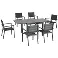 Ensemble de jardin 6 personnes chaises empilables table extensible 90/180L cm alu. textilène gris 180x89x74cm Noir-0
