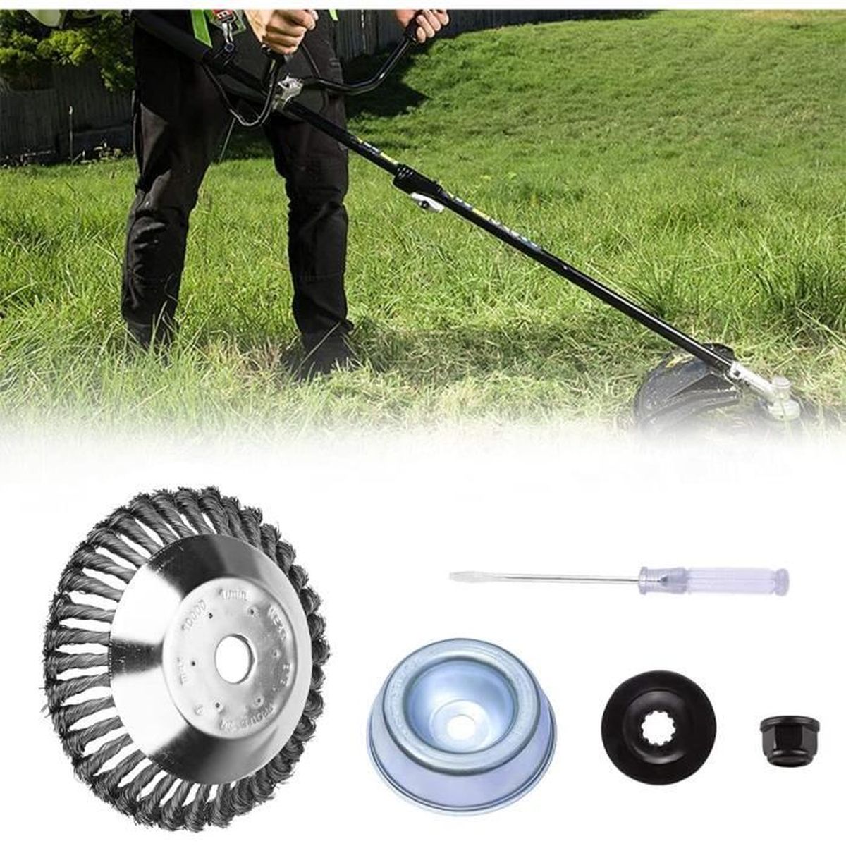 Bebochoi Brosse à Désherber 8 Pouces - Tête Ronde Fil Acier - Pour Débroussailleuse Jardin - Lot Avec 6 Accessoires