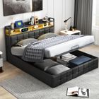 SUNFECILI lit coffre 140 x 200,lit double,lit adult,avec sommier à lattes, tête de lit avec rangement, lumières LED,PU,noir