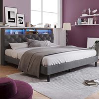Lit adulte 140x200 cm - Tête de lit avec rangement, LED - Gris - MODERNLUXE - Design contemporain