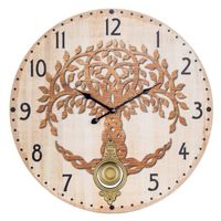 Grande horloge murale ronde avec pendule décorative originale, arbre de vie en bois Mdf beige et brun, décoration murale élégante,