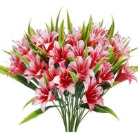 4pcs Fleurs Artificielles Lys 7 Branches  Rouge en Plastique Bouquet Fleur Decoration pour Mariage Vase Maison Arrangement de Fleur