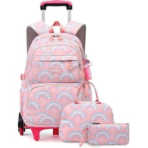 CARTABLE Cartable à Roulette Fille Primaire Sac à Dos pour Enfant avec Lunch Box et Trousse pour Quotidien et Voyage 3-12 Ans, Rose