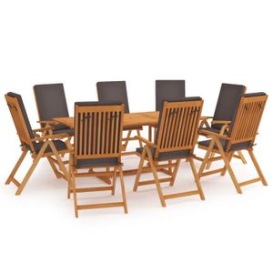 Ensemble table et chaise de jardin Salon de jardin - BEL - Bois de teck massif - Coussins gris - Table 180x90cm - 8 chaises