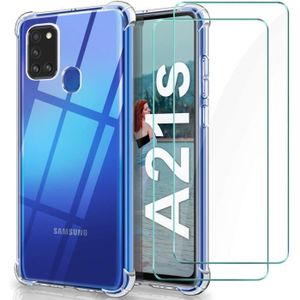 COQUE - BUMPER Coque Samsung Galaxy A21s + 2 Verres Trempés Protection écran 9H Anti-Rayures Housse Silicone Antichoc Transparent