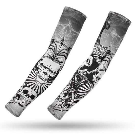 Manchons Bras Tatouage Tête De Mort – Protection UV UPF 50+, Compression Légère, Unisexe (noir, Taille Unique)