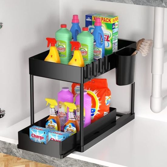 Rangement Sous évier 2 étages – Organisateur Tiroir Coulissant, Noir, 2 Pièces, Grande Capacité