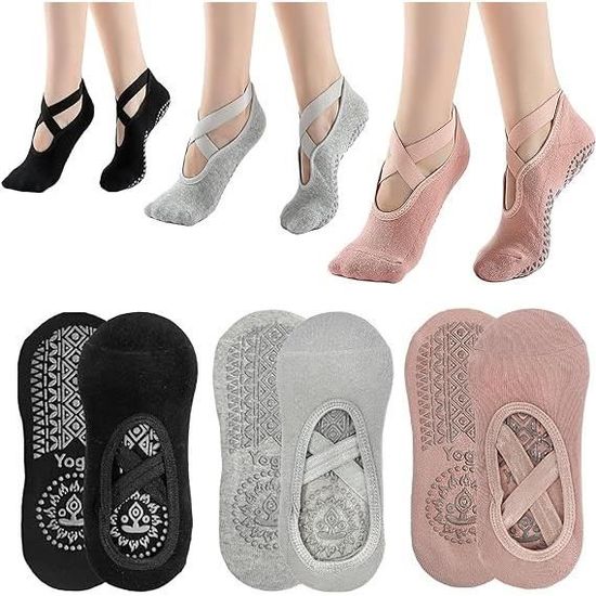 KEYRI Lot De 3 Paires Chaussettes Yoga Antidérapantes Femme – Grip Extra & Confort Coton – Taille Unique