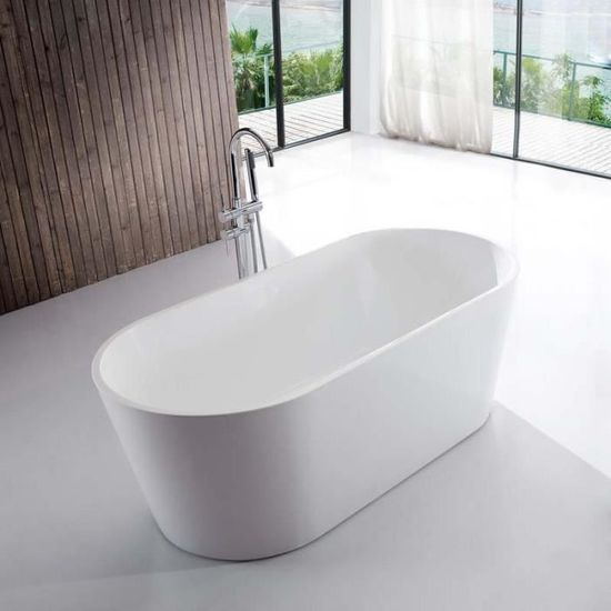 Baignoire ilot ovale en acrylique Blanc - RUE DU BAIN - Milan - 170x80 cm - Pieds réglables - Vidage complet