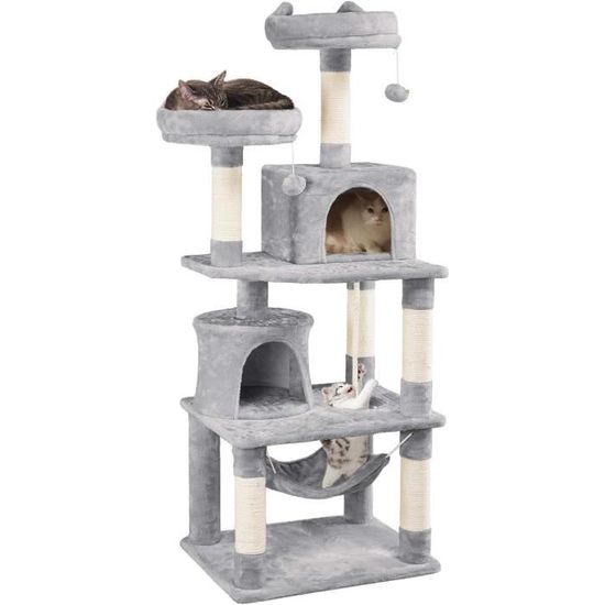 Hzuaneri Arbre à Chat,Tour De Jeux 98 Cm, Meubles De Maison Pour Chats Avec 2 Niches, Grande Plate-Forme, Sisal Griffoir, Hamac, Gris Clair MS10018LG