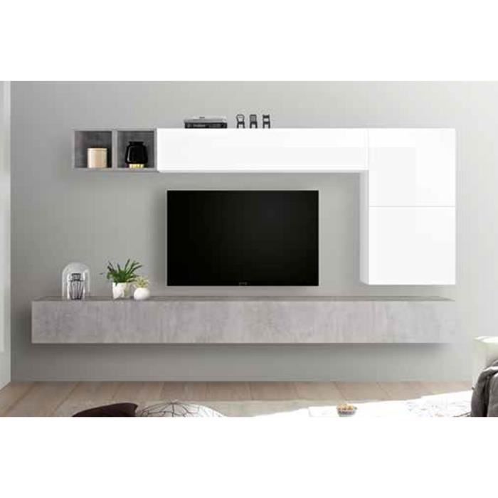 LUDOVICA 44 LAQUE BLANC ET BETON ENSEMBLE COMPOSITION MURALE MEUBLE TV TENDANCE