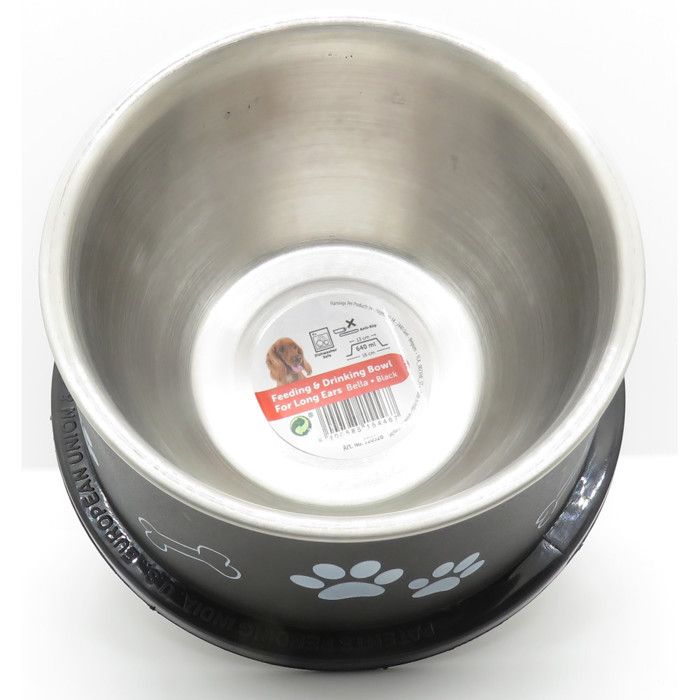 Flamingo Kena - Écuelle inox Ø13 cm 640 ml antidérapante pour chien oreilles longues motif pattes et os