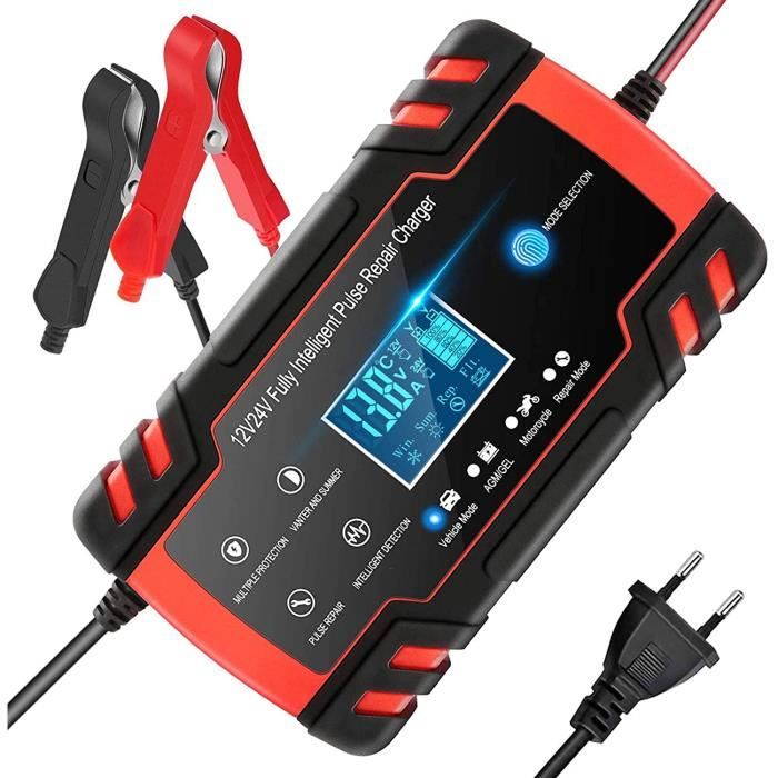 Chargeur de Batterie Intelligent 12V/24V 8A, Chargeur Batterie Mainteneur et Automatique Réparation Fonction Portable avec Écran LCD