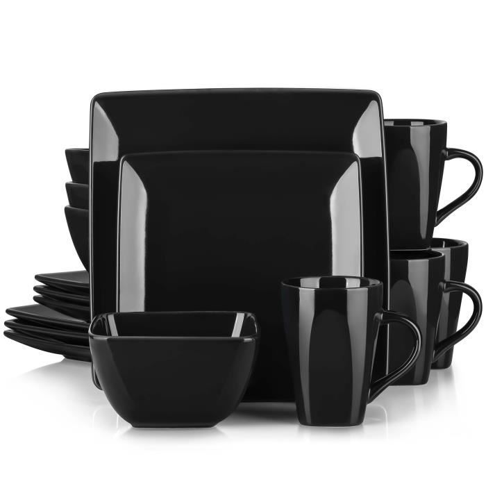 vancasso, Série Soho, Service de Table 16 pièces pour 4 Personnes, Assiette Porcelaine Carrée avec Bol à Céréales et Tasse -Noir