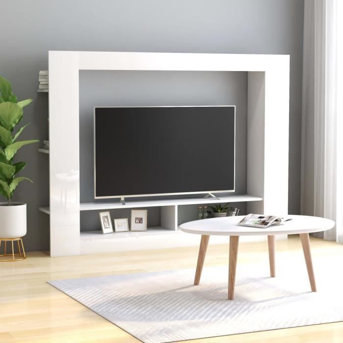 Meuble TV Blanc brillant 152x22x113 cm Aggloméré-GAR
