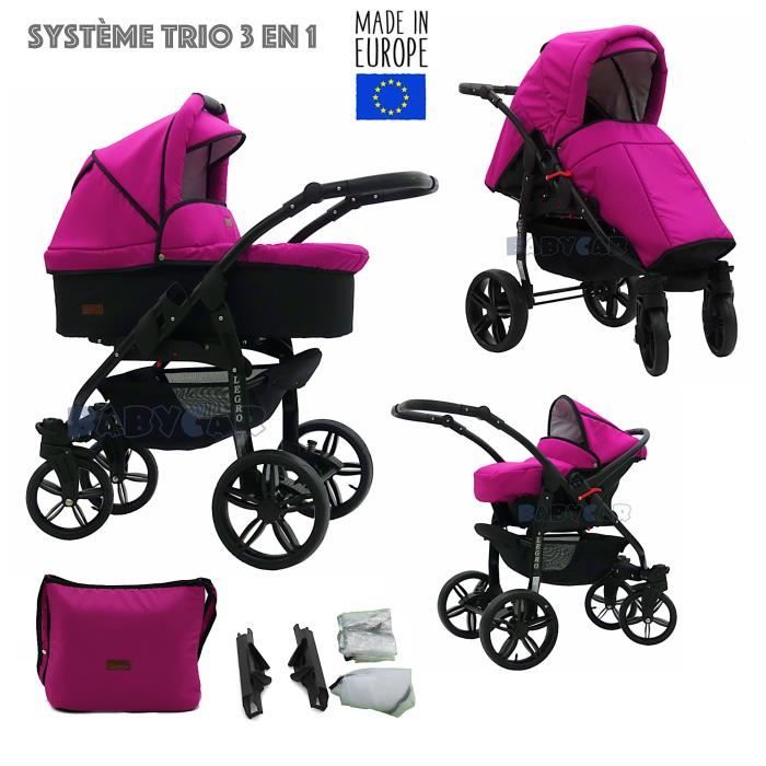 Noir-Rose LEGRO Trio Poussette - Landau 3en1 Combinée avec siège auto, ROUES PIVOTANTES - B1