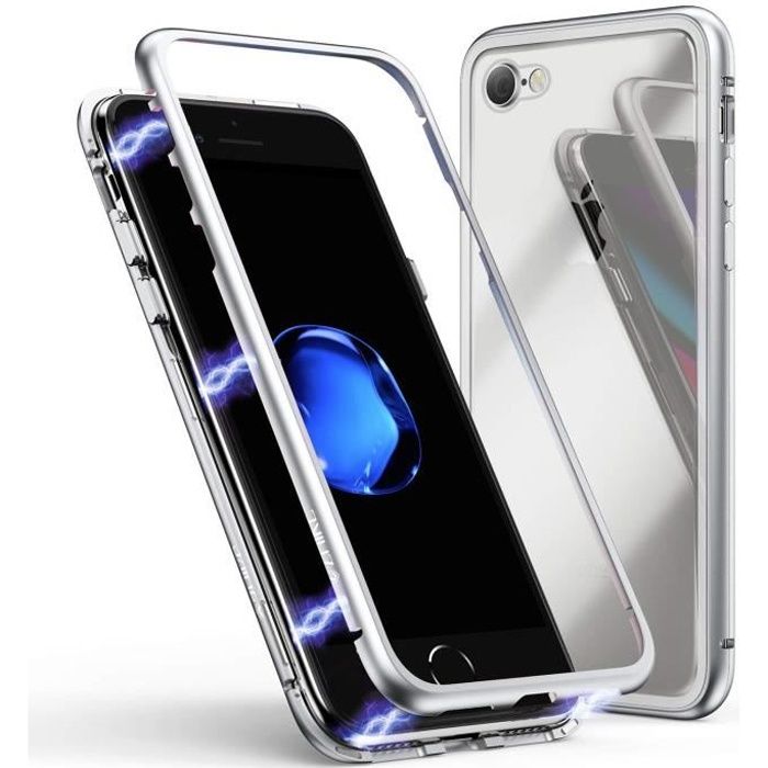 Coque Magnétique iPhone 7/iPhone 8 Antichoc Magnéto Adsorption Avec arrière Verre Trempé HOUSSE ÉTUI Pour iPhone7/8 Blanc